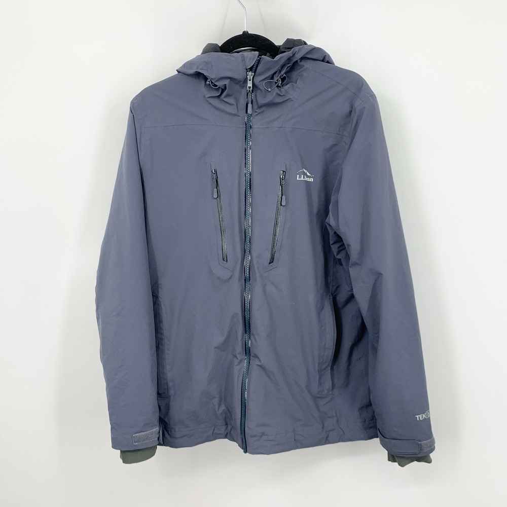 LL Bean Men Size Small Jacket Coat Blue Gray Hood Waterproof PrimaLoft Packaway‎